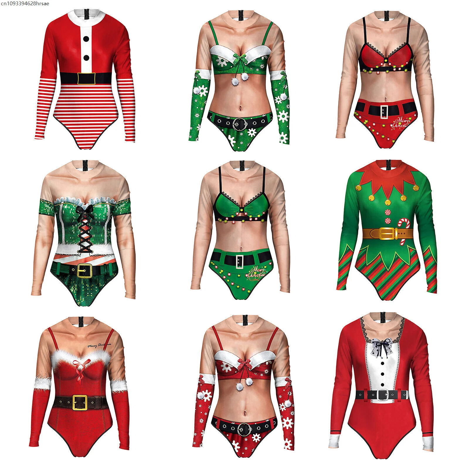 

Women Long Sleeve Christmas Bodysuit Swimsuit 3D Xmas Style Print Jumpsuit Swimwear Party Water Park Bathing Suit Beachwear