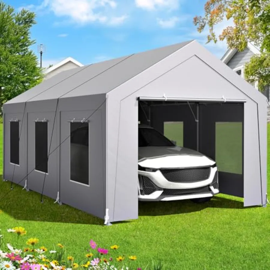 Carport Feet Heavy Duty, Car Port with Reinforced Steel Frame and 6 Roll-up Windows, Portable Garage with Sturdy Ground Nails,