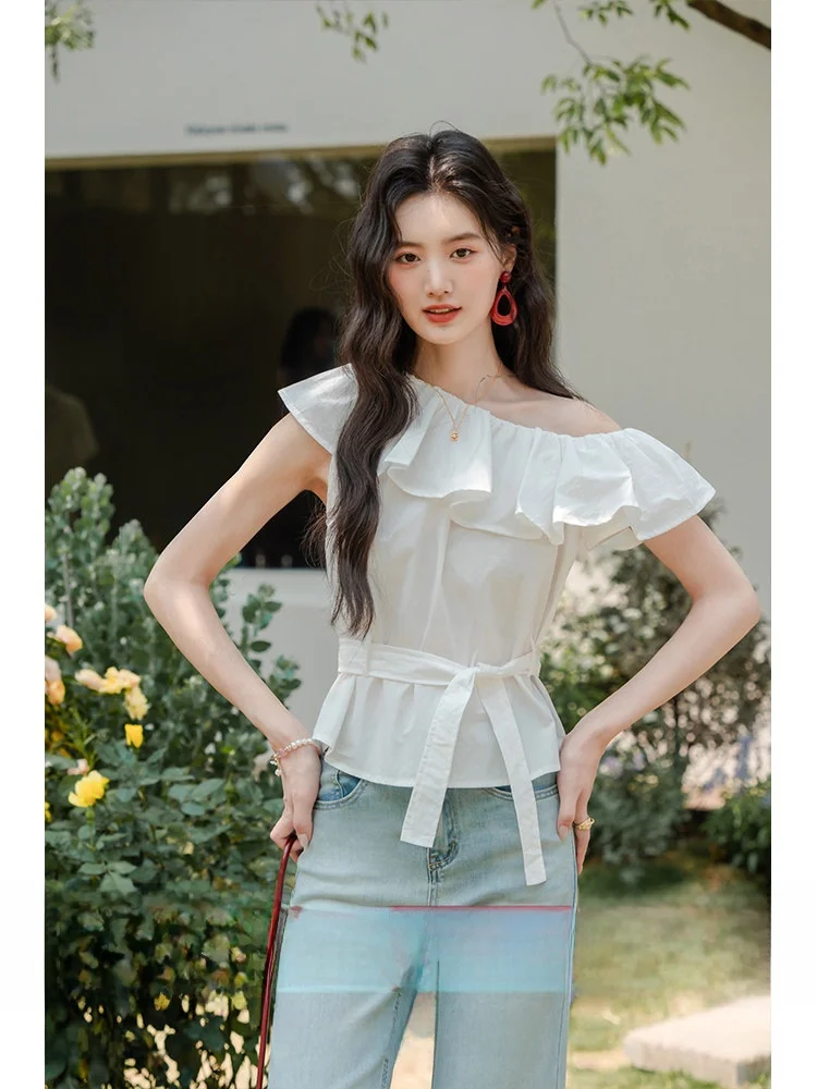 

Ele White Lace Trim oulder Bared irt for Women French Sle Slim Fit Cotton Pure Color Summer Season ort Sve