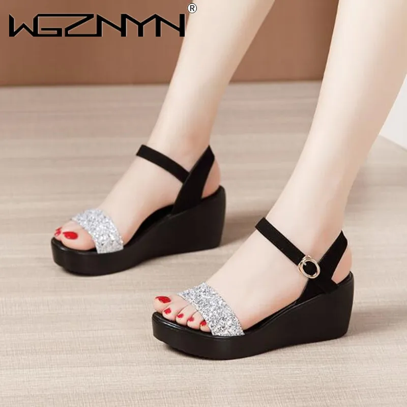 Summer Thick Bottom High Heel Women Shoes Size 35-40 Black Roman Wedges Heel Platform Women\'s Sandals Beach Shoes Open Toe Shoes