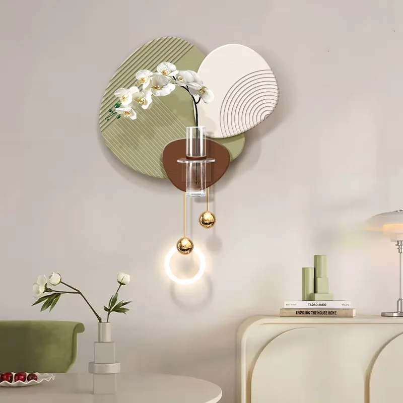 Modern living room decoration with LED lights and artificial flowers, still life sandstone surface wall decoration