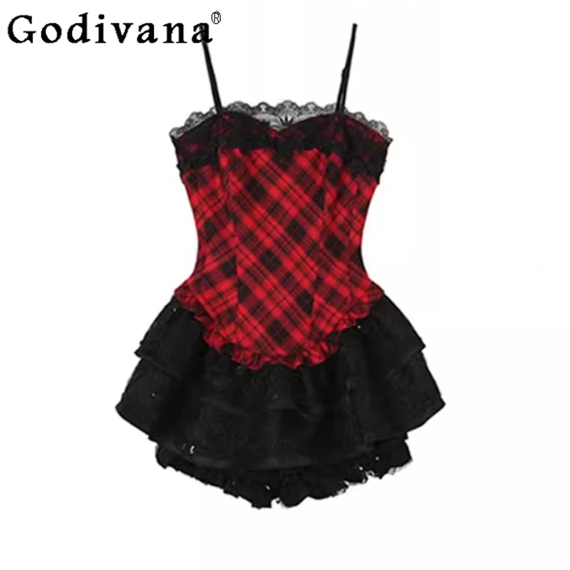 

Sweet Cool Red Plaid Temperament Square Collar High Waist Suspender Dress Women's Summer New Elegant Lace Sexy Short Dresses