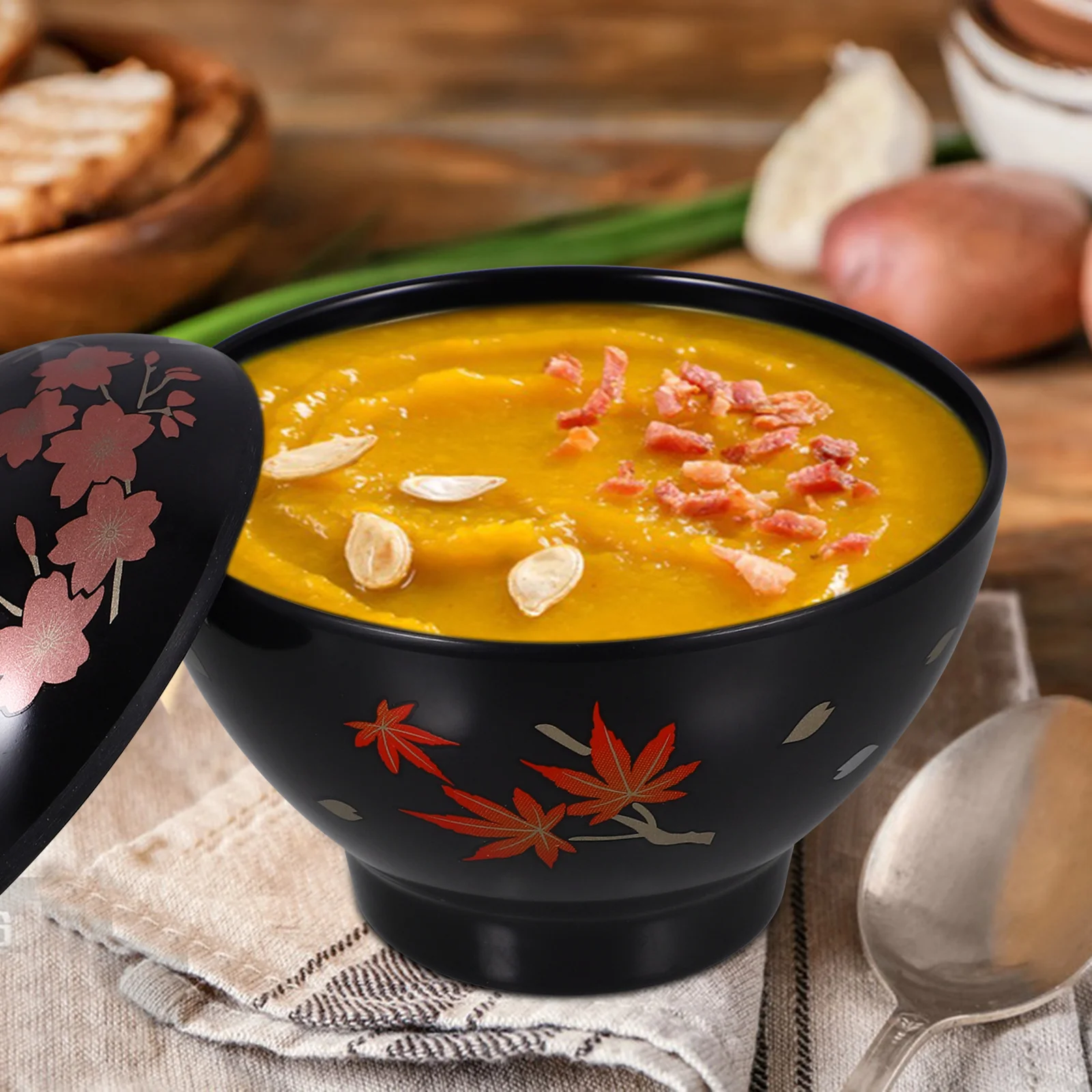 

Japanese Rice Bowl Miso Soup Container Traditional Lacquered Covered Soup Bowl for Serving Ramen Appetizers Kitchen Use