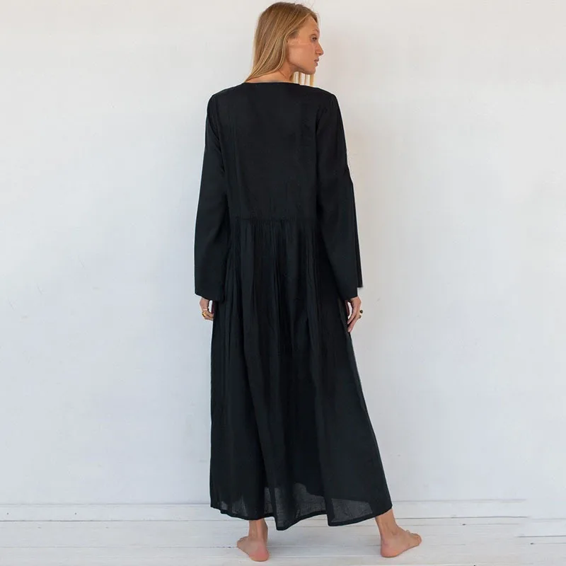 Đen Embroideried Nữ Đi Biển Đầm Dài Vintage Mùa Hè Đầm Maxi Nữ Đi Biển Mặc Áo Tắm Che