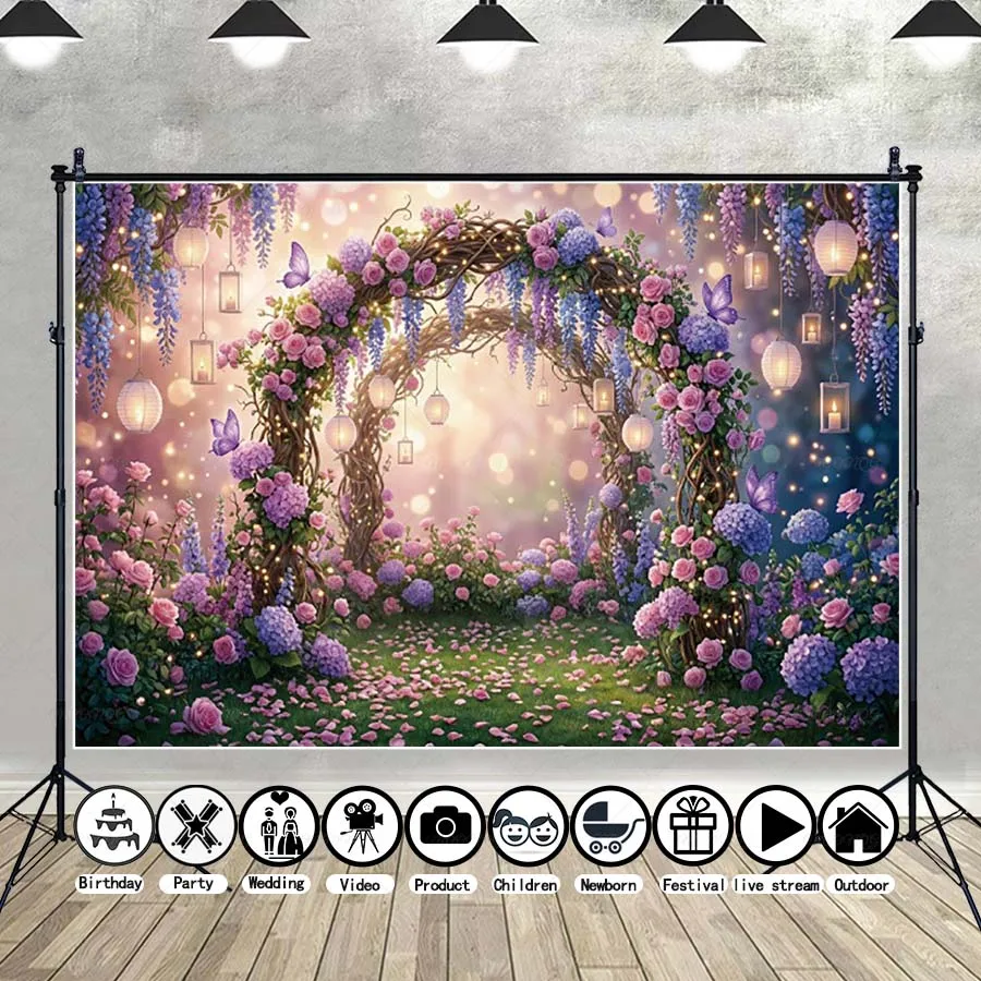 

MOON.QG Floral Arch Enchanted Forest Background Curtain Lantern Light Backdrop Maternity Birthday Photography Accessories Wall