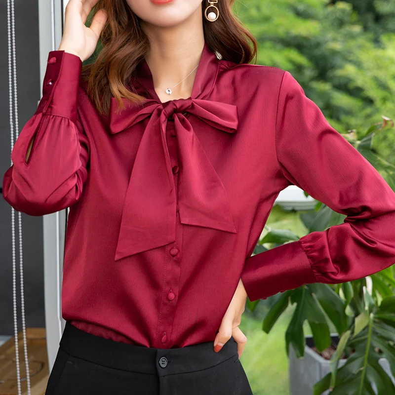 Lenshin New Fabric High-quality Smooth and Soft Bow Shirt for Women Blouse Tie Elegant Tops Long Sleeve Office Lady Work Wear