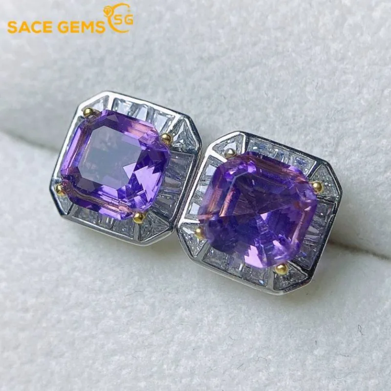 

SACE GEMS Fashion Earring for Women 925 Sterling Silver 7*7MM Natual Amethyst Stud Earrings Engagement Cocktail Fine Jewelry