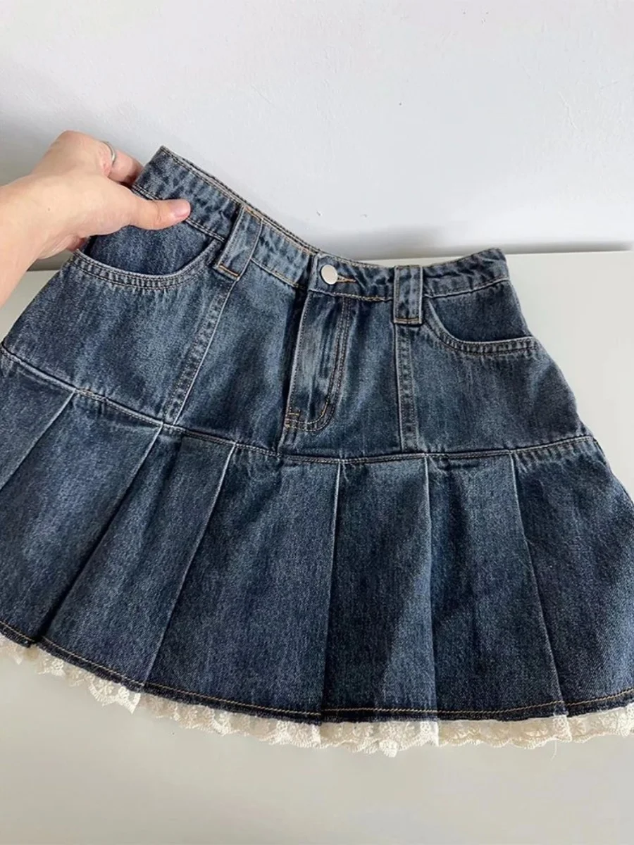 

Women's High Waist Pleated Denim Skirt Lace Trimmed Midi Skirt Floral Print Casual Busin Office Work Skirts Autumn 2024