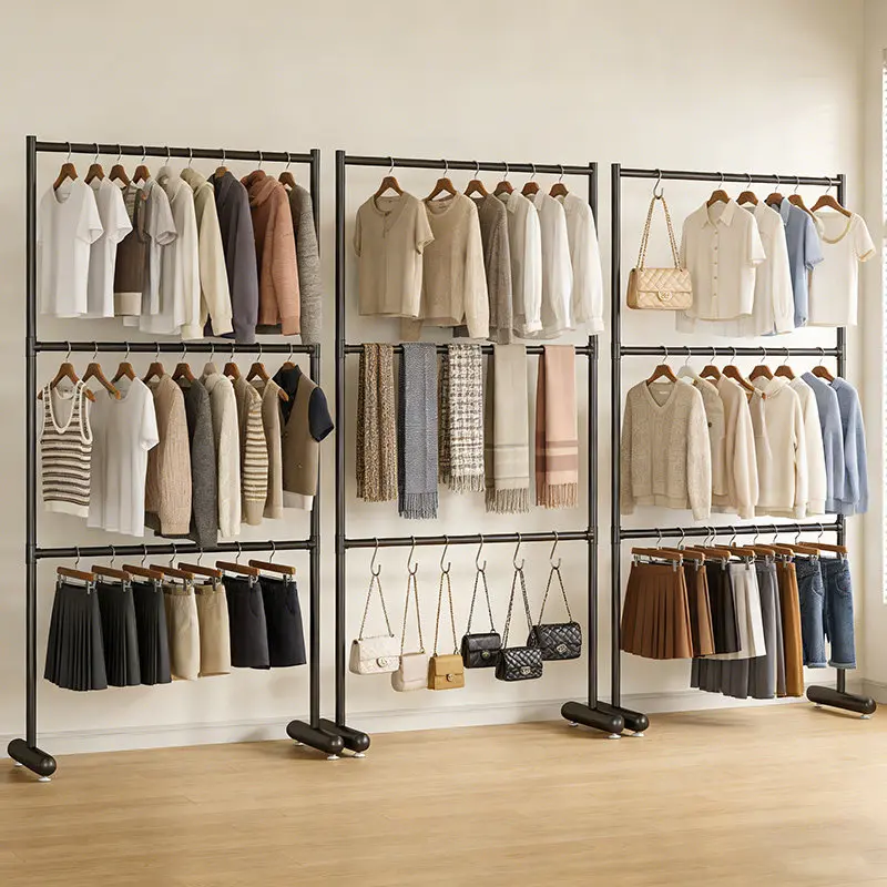 

Simple three-layer clothing store floor-to-ceiling coat rack floor-to-ceiling bold clothes hanging rod black wrought iron liftin