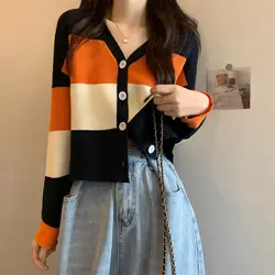 V-neck Contrasting Striped Long Sleeved Knitted Cardigan Women's New Loose and Versatile Casual Chic Jacket Top Trendy