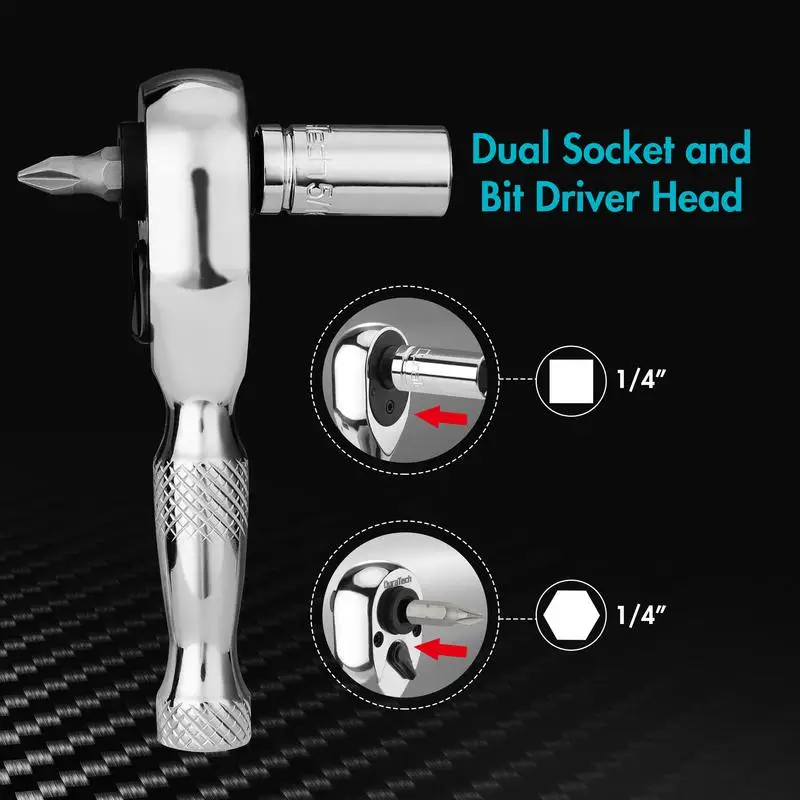 2-in-1 Mini Doppelkopf-Knarre mit 1/4 Zoll Antrieb und zwei Schraubendreher-Bits – Reparatur-Handwerkzeug – Detail 2