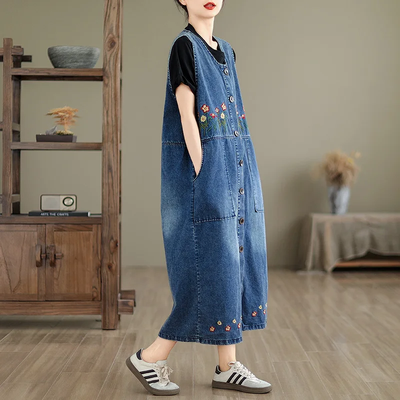 زهرة التطريز المرأة الدنيم فستان الصيف موضة نوعية جيدة خمر الأزرق جيب كبير المرقعة الإناث الفساتين غير رسمية