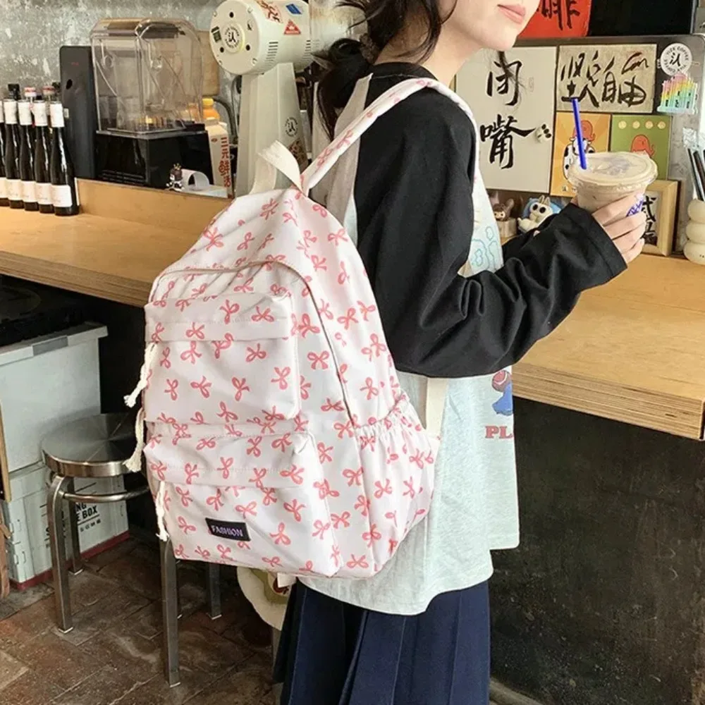 Cute Bow Printed Students Backpack Adjustable Strap Large Capacity Book Bag Nylon Travel Rucksack Outdoor
