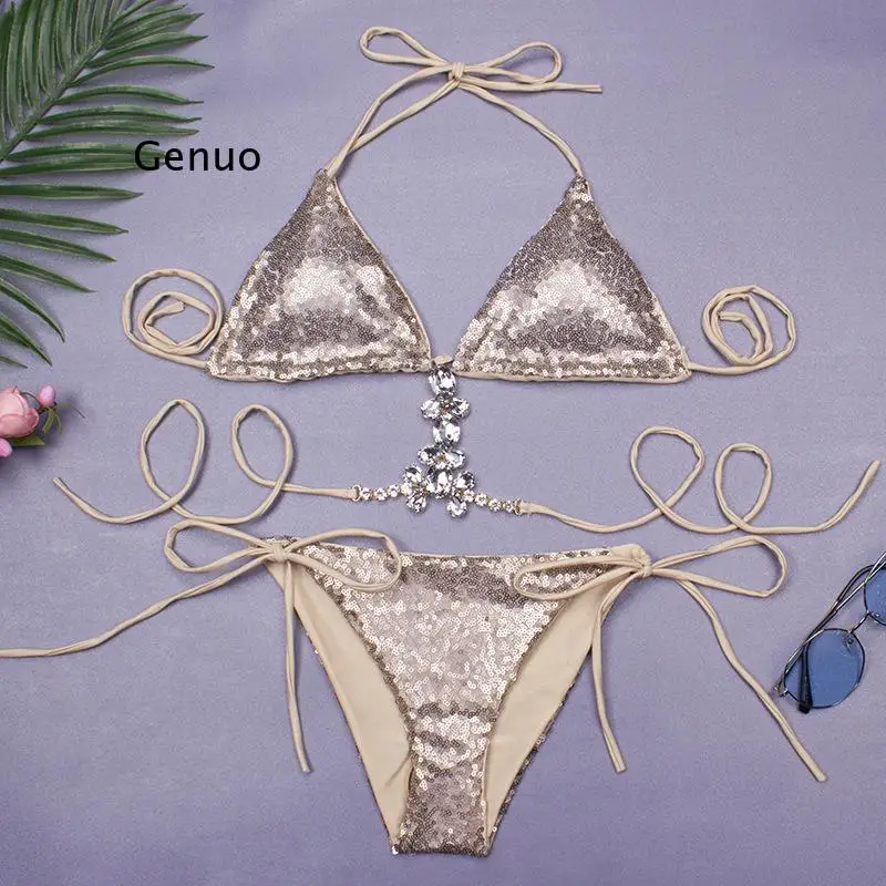 Sexy Women Glitter Sequins Crystal Swimwear Bikinis Set Gold Green Blue Monokini Push-up Padded Bathing Suit Brazilian Swimsuit