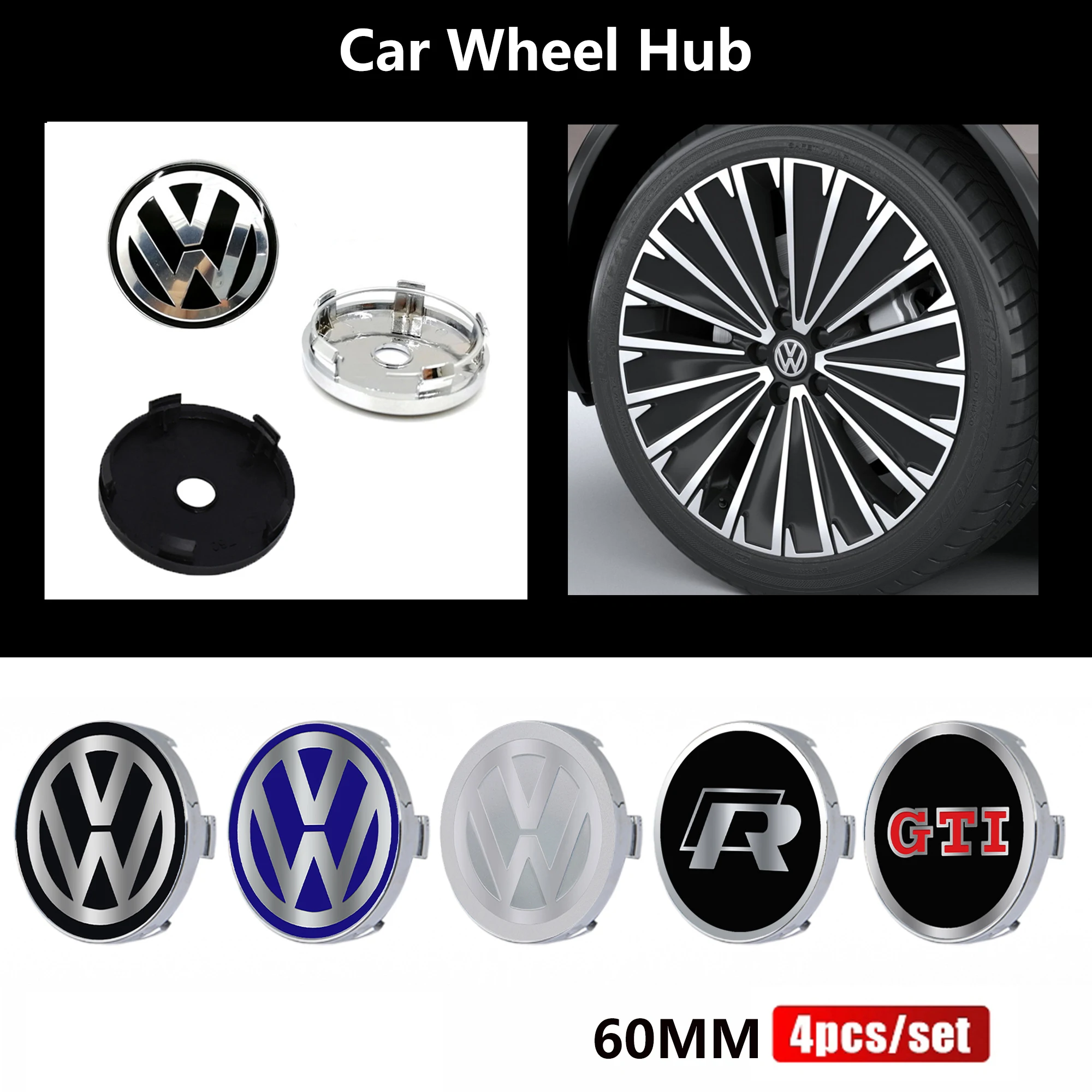 4PCS 60mm Car Wheel Hub Center Caps Rim Emblem Cover Stickers For Volkswagen VW Golf 6 Bora MK7 Beetle Touran Tiguan GTI R Line