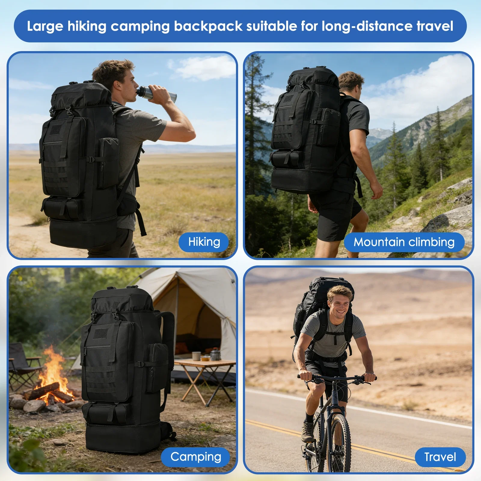 100L Erweiterbarer Wasserdichter Wanderrucksack Großer Outdoor-Sport-Reise-Tagesrucksack Taktischer Rucksack für Männer und Frauen – Detail 2