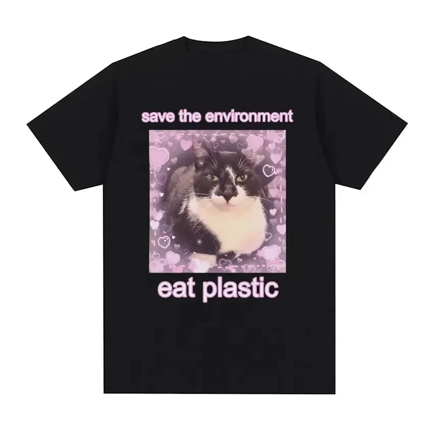 The Environment Eat Plastic Cute Cat Graphic T Shirt Funny Y2k Daily Wear Save O-Neck Clothing Casual Print T-shirts Unisex