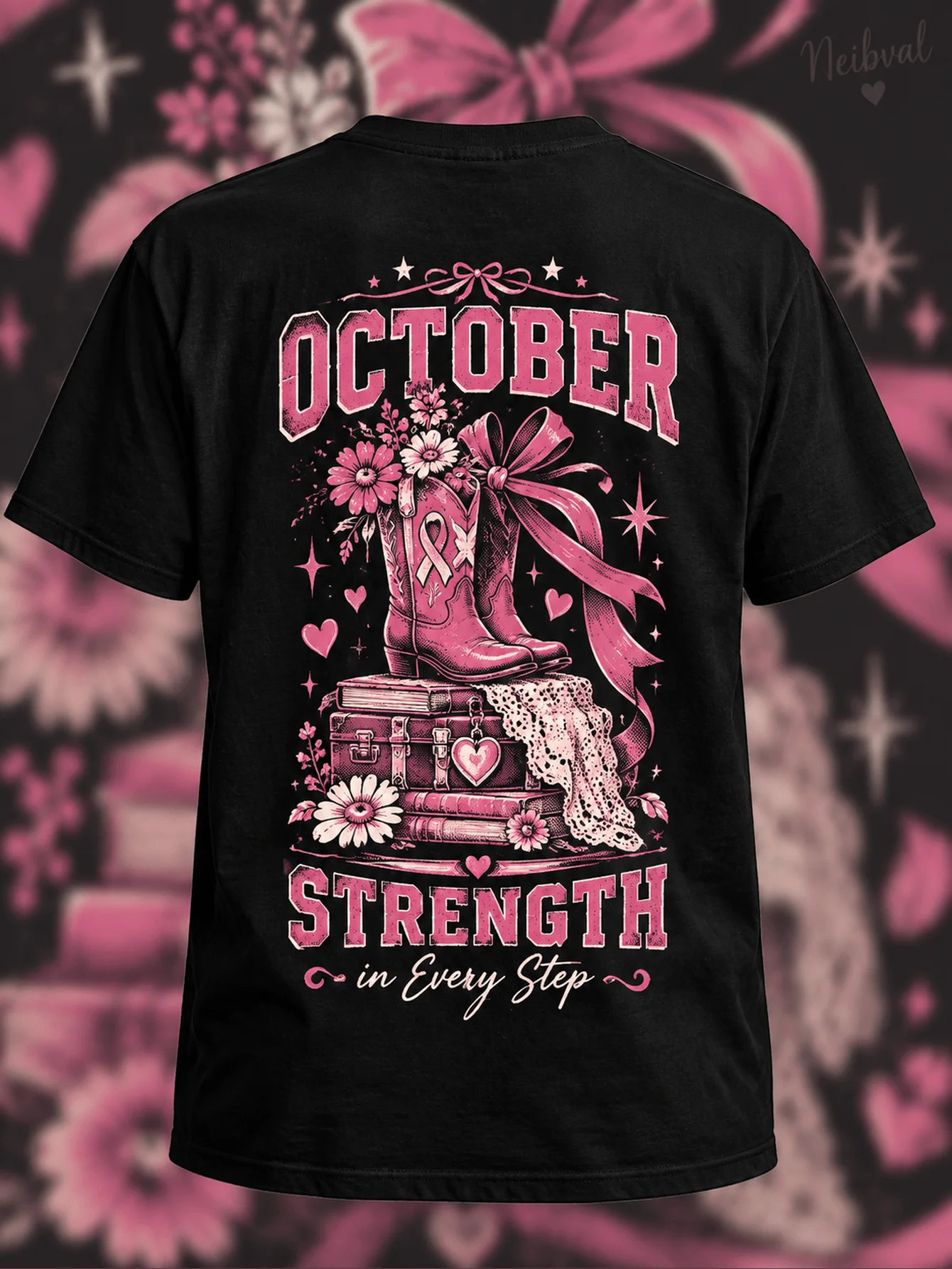 Men'S & Women'S T-Shirts, Casual Daily Wear, Pink Ribbons Flowers Hearts And Bows, Vintage Western Art, Summer Fit, Pure Black Short Sleeve, Awareness Walk
