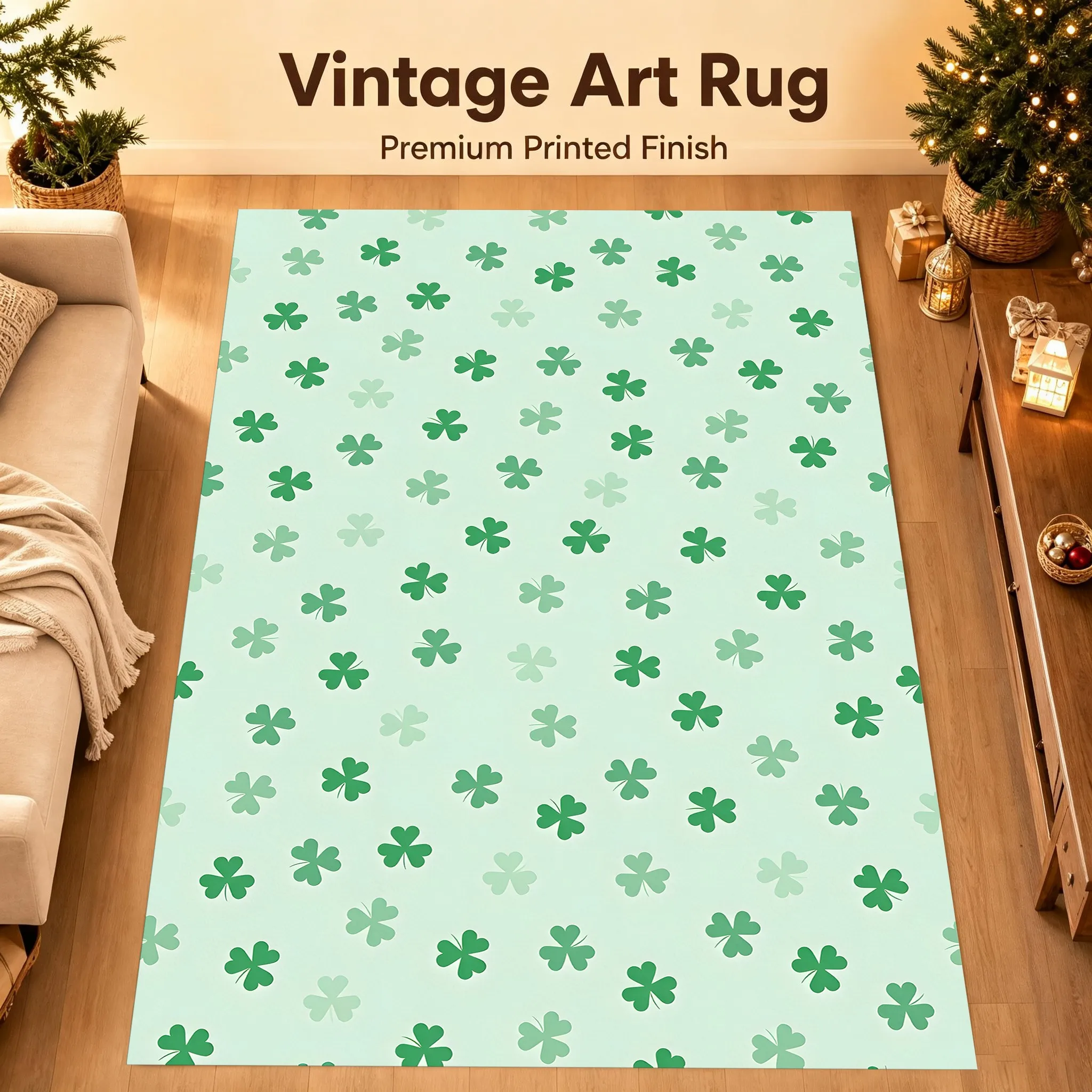 Light Background Four-Leaf Clover Print Rug Soft Velvet Living Room Bedroom Home Decor