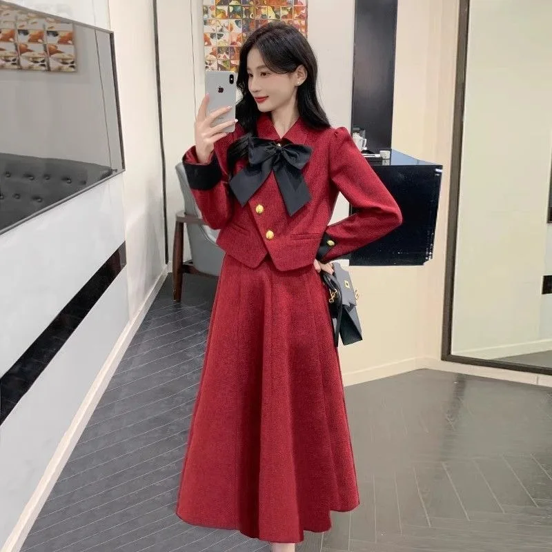 

Зимний корейский модный женский комплект из двух предметов, элегантный французский ретро-лук, красный пиджак и юбка, женские утягивающие твидовые комплекты костюмов