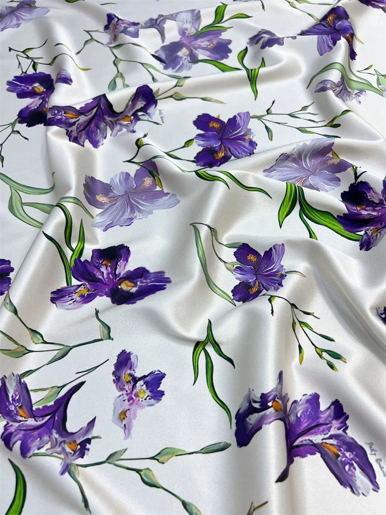 Purple Flower-De-Luce Printed Silk Fabric Silk Satin Clothing and Dress Cheongsam Fabric Handmade DIY