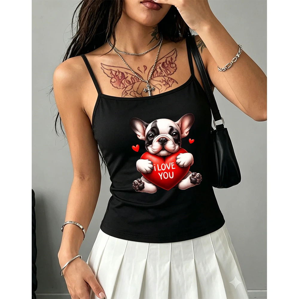 Funny Dog I Love You Letter Graphic Printed Sleeveless Vest Women Casual Summer Camisole Top Harajuku Holiday Tank Top
