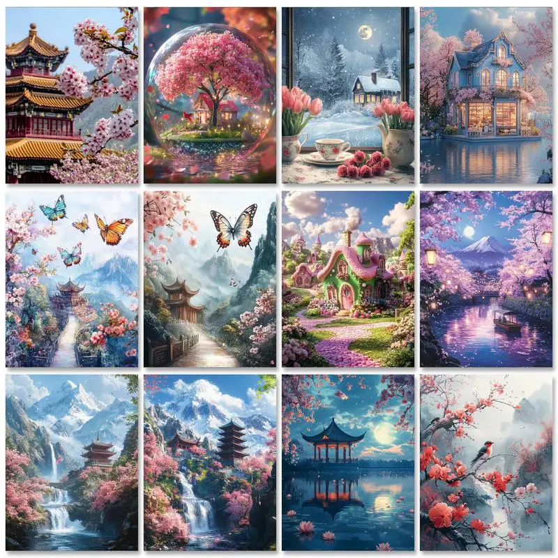

PhotoCustom 5D Diamond Painting Street Cross Stitch Kits Embroidery Needlework Sets Landscape Cherry Blossoms Tree Mosaic Wall A