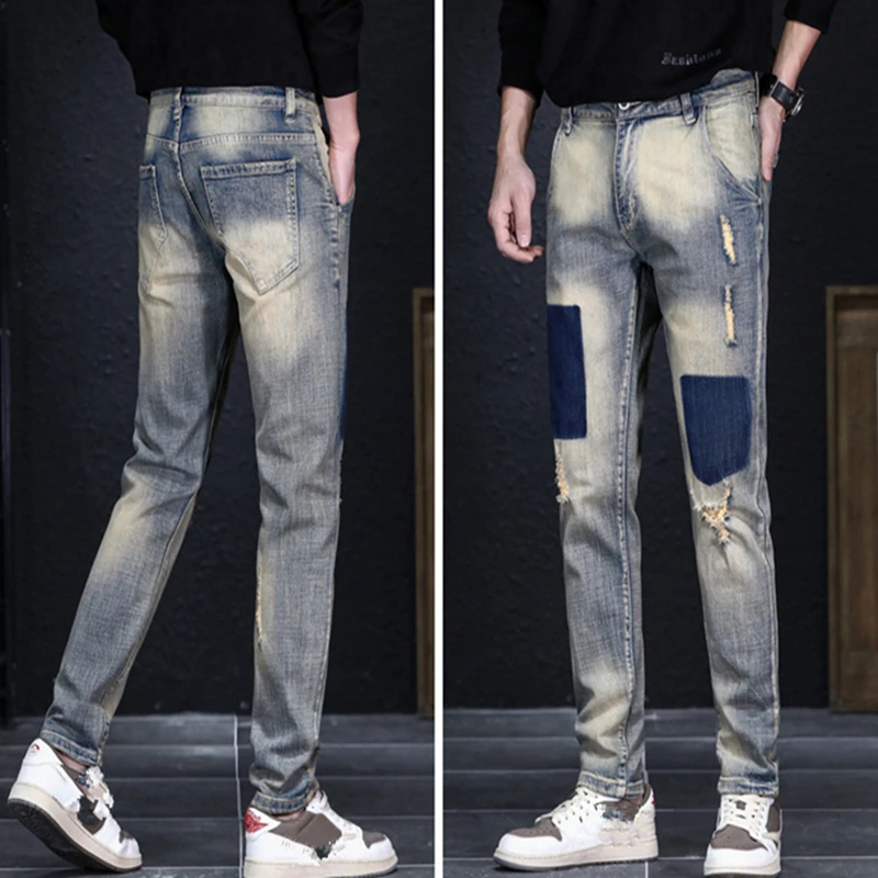 

Autumn Winter New Street Men's Jeans Fashion Ripped Printed Cotton Casual Pants Hip Hop Beggar Pants