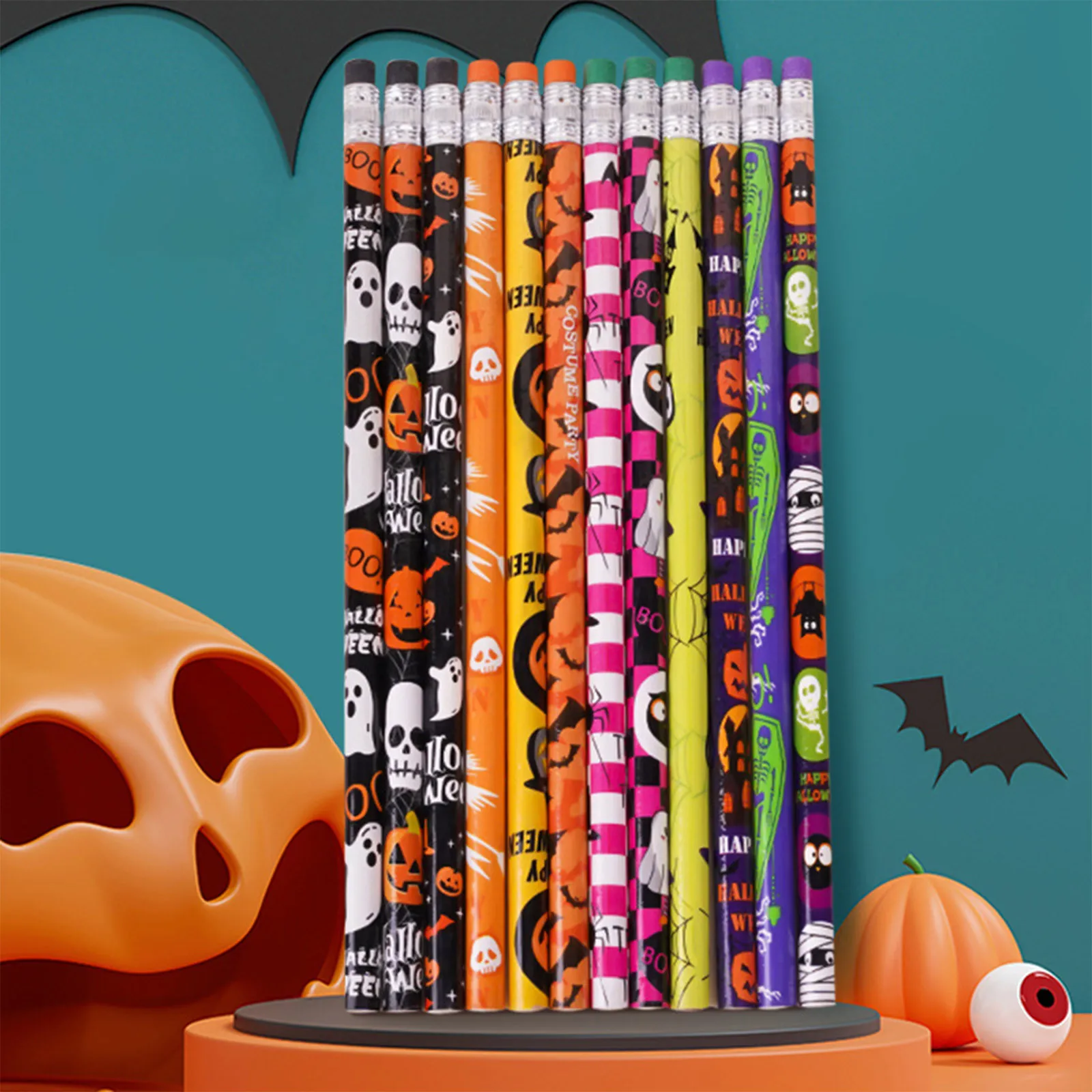 12PCS Wooden Lead Halloween Theme Pencils with Eraser Student Children Painting Drawing Hexagonal Grip Pencil School Stationery