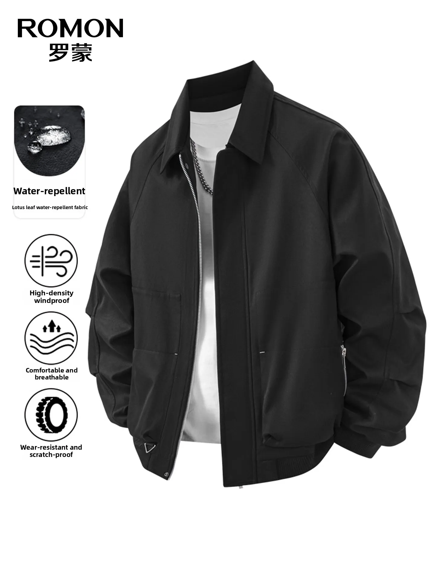 Water-Resistant Business Casual Men's Jacket Romon Spring Autumn New Style Standard Fit Polyester Fiber Long Sleeve Zipper