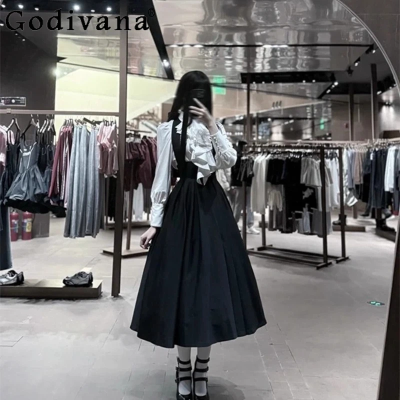 

Black White Lolita Daily Outfits Women Gothic Strap Long Sleeve Shirt High Waist Black Dress Two Piece Set Girls Japanese Suit