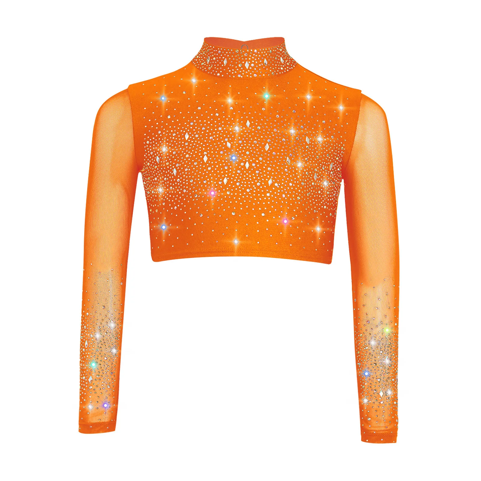 

Kids Girls Lyrical Dance Top Mock Neck Sheer Mesh Long Sleeve Shiny Rhinestones Crop Top Ballet Gymnastics Performance Costume