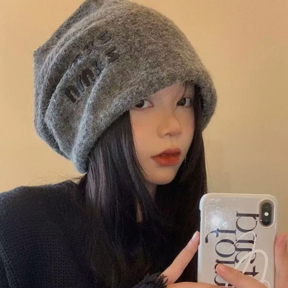 

Japanese Slouchy Beanie Hat Letter Soft Cold Hat Big Size Face Slimming Warm Knit Cap For Daily Wear