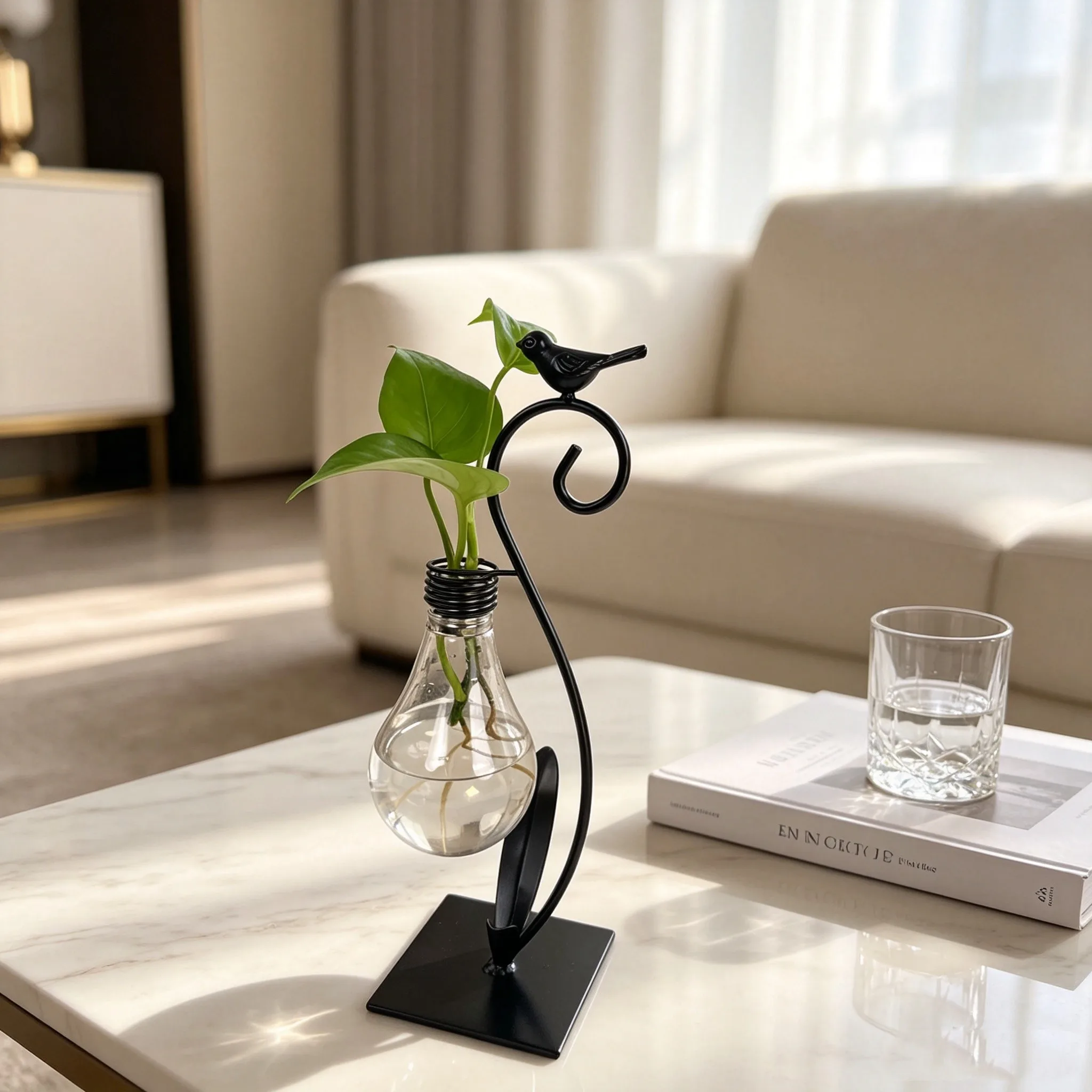 Creative Light Bulb Glass Vase with Iron Bird Holder Hydroponic Plant Container for Home And Office Desktop Decoration Flowerpot
