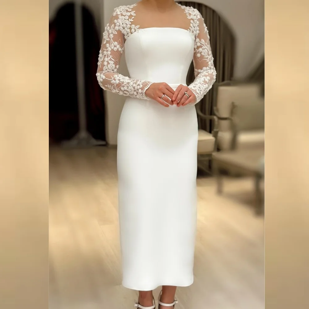 Jersey Applique Pearl Ruched Cocktail Party A-line Square Neck Bespoke Occasion Gown Midi Dresses