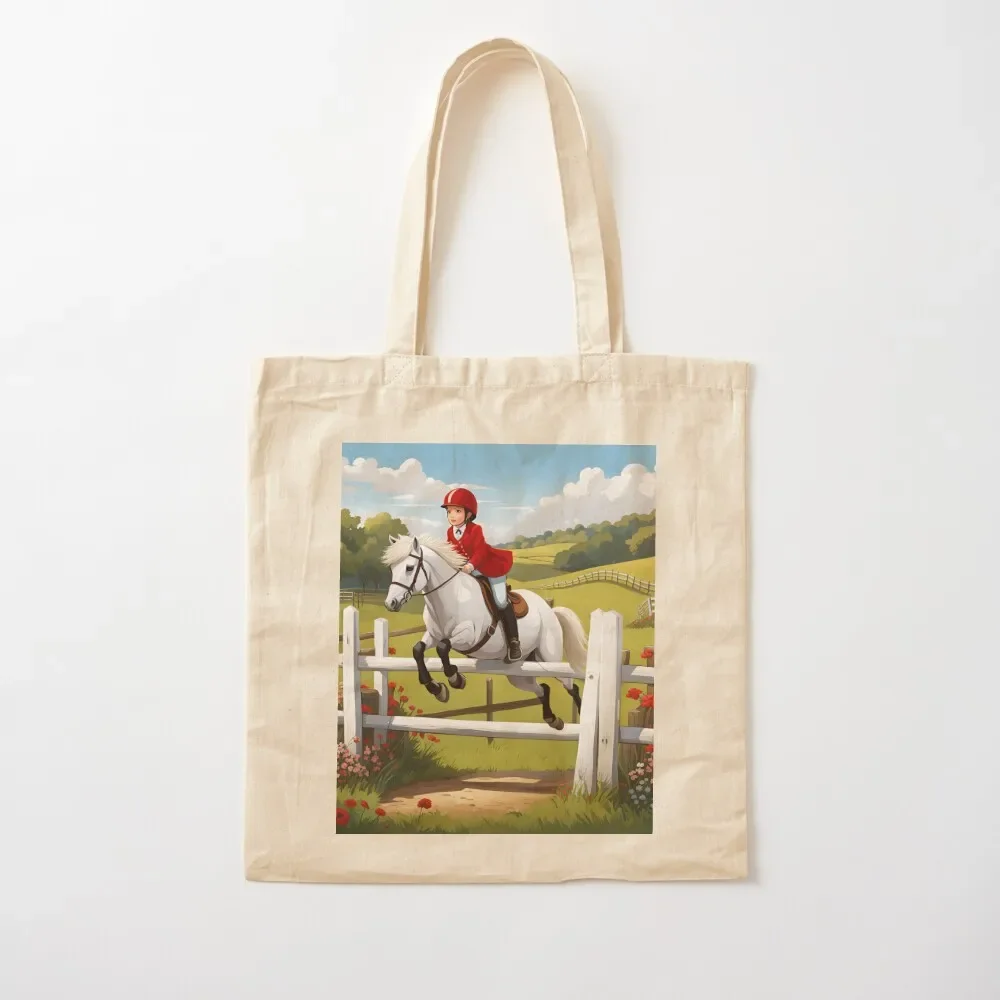 

White pony with girl rider jumping a fence Tote Bag Women bags women bag university shopper bag Big