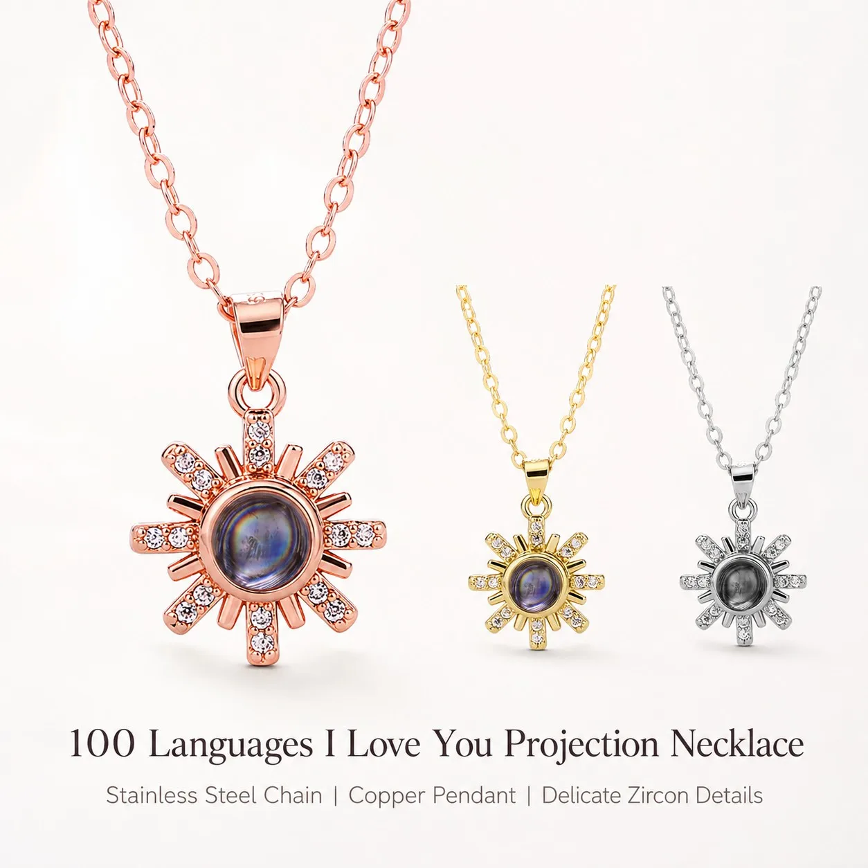 100 Languages I Love You Projection Sun Pendant Necklace With Multi Color Rose Gift Box Mother's Day Valentine's For Women Wife