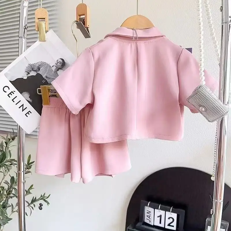 

Kids Girls Fashion 3PCS Suit French Chic Blazer Jacket & Cami Top & Wide Leg Shorts Summer Set for 90-140cm
