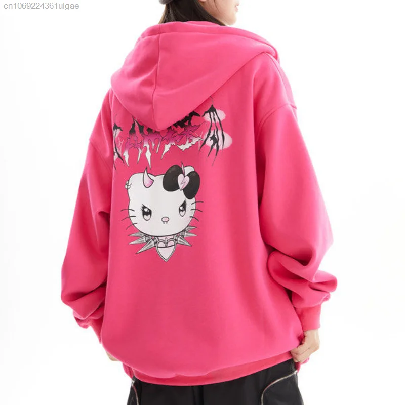 Sanrio Hello Kitty New Korean Hoodies Cartoon Cute Devil Sweatshirts Autumn Zipper Coat Women Cardigan Tops Hooded Y2k Clothes