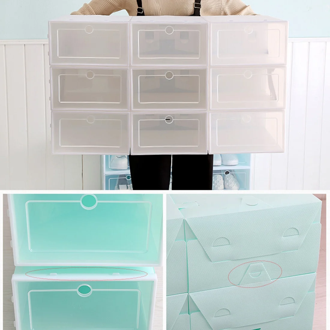 A98U 6-Piece Candy Color Shoe Box, Transparent Plastic Shoe Storage Box, Shoe Cabinet Storage Drawer Rectangle Pink