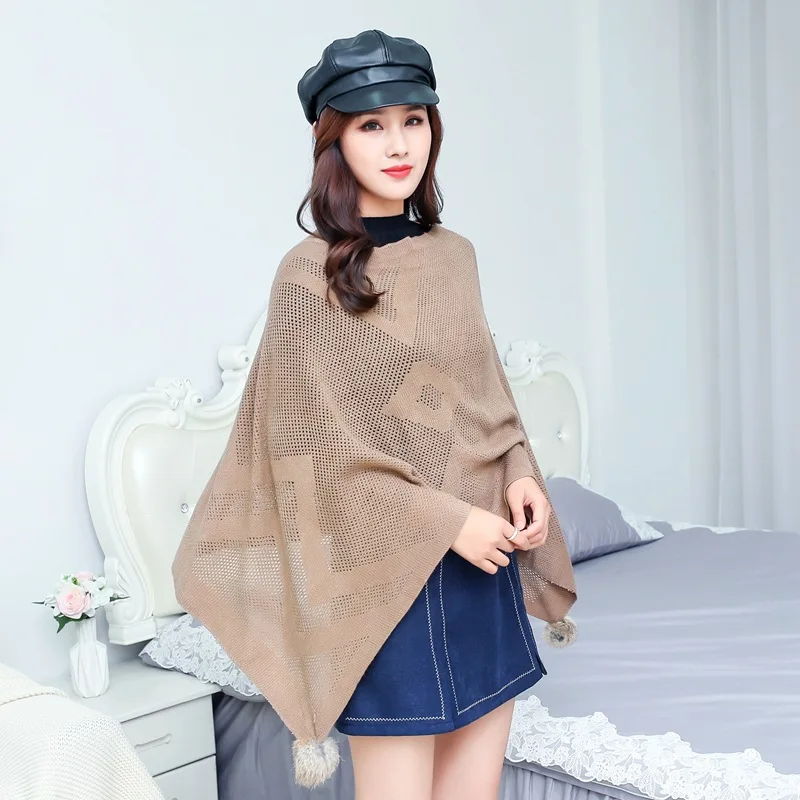 2024 Spring Autumn Shawl Poncho Cape Irregular Sweater Pullover  Outside Wide Pine Wool Ball Jacket Fashion Sunscreen Black