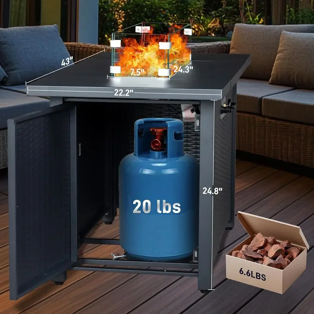 43 Outdoor Propane Fire Pit Table with 50,000 BTU Burner, Lava Rocks, Waterproof Cover, and Wind Guard