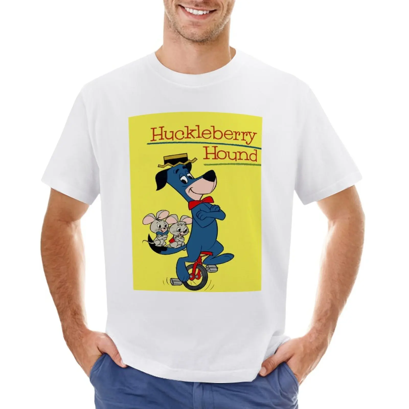 

HUCKLEBERRY HOUND : Vintage Cartoon Abstract Character on a unicycle Print T-Shirt customizeds tops quick drying men t shirt