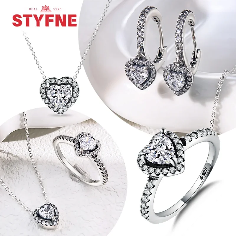 Ensembles de bijoux en forme de coeur en argent regardé 2024 pour femmes, bague, boucle d'oreille, colliers de la présidence, bague, cadeau, bijoux fins, chaud, original, nouveau, 925