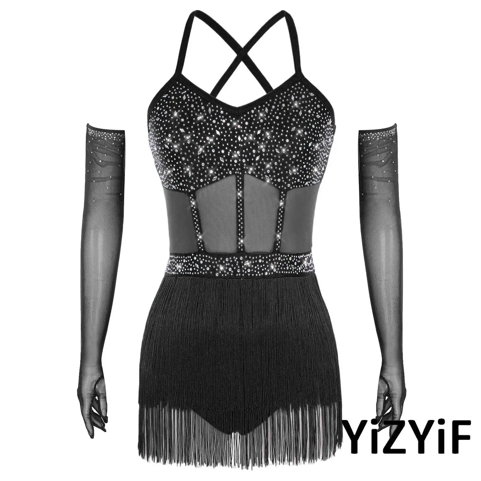 

Женский танцевальный костюм для латинского танго, прозрачное сетчатое лоскутное многоуровневое боди с кисточками, платье и перчатки для чача, сальсы, румбы, танцевальное платье