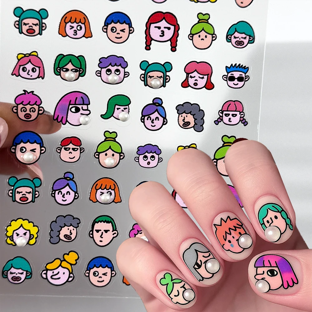 

1Pcs 5D Blowing Bubbles Funny Girl Nail Stickers Kawaii Cartoon Girl Boy Avatar Nail Decal Colorful Portrait Manicure Slider Dec