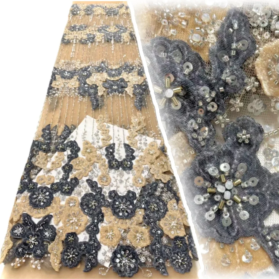 

Nigerian Luxury Sequins Velvet Lace Fabric 2025 High Quality Beads African Lace Fabric for Women Wedding Party Dresses AH1674