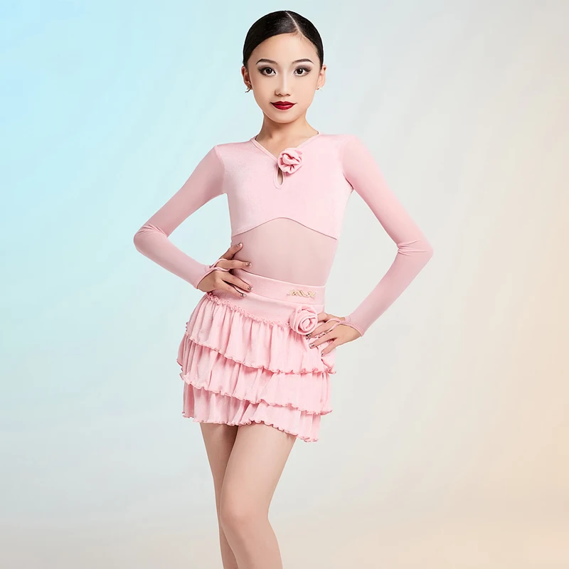 2025 crianças rosa camisa de manga comprida bolo saia roupas de treinamento de dança latina para meninas chacha rumba dança latina wear dqs21338