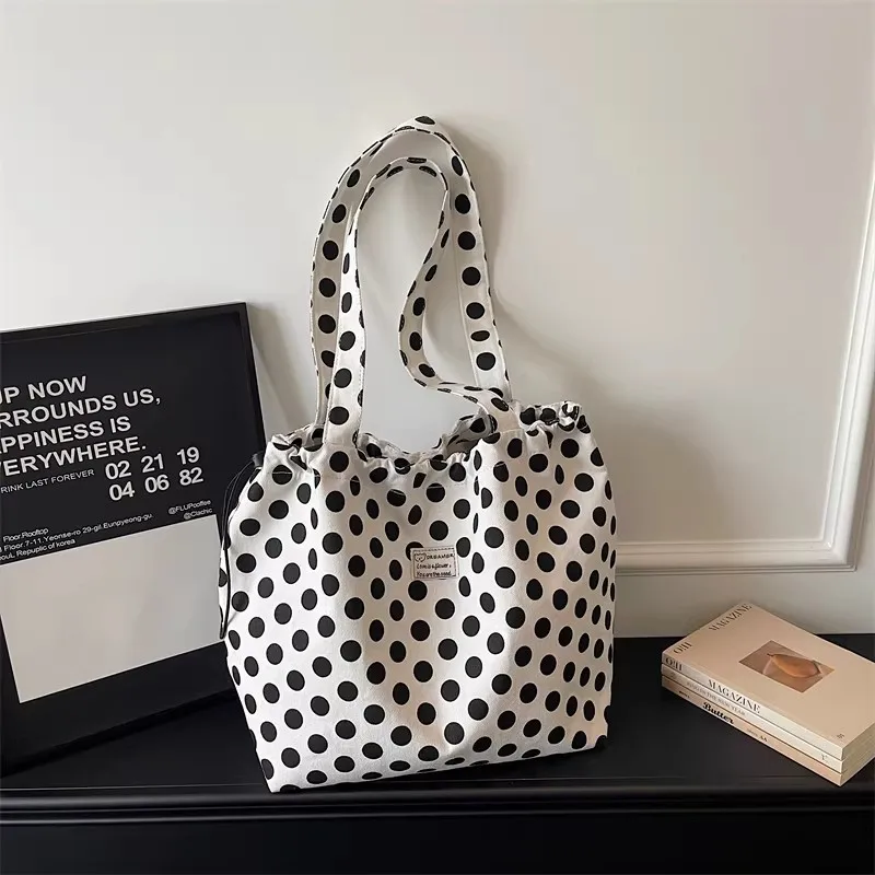 

Холщовая сумка-тоут в горошек с завязками, вместительная сумка через плечо, повседневная сумка для покупок, женская сумка для ежедневных поездок на работу