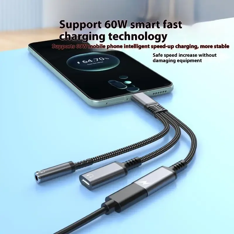 1 Piece Headphone Adapter 3 In 1 PD 60W Fast Charge Adapter For Phone16 15 Type C To Dual Type C/3.5mm Jack Audio Adapter Cable